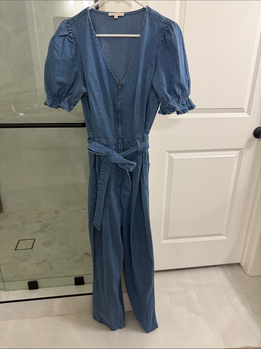 Skies Are Blue Mid-Blue Puff-Sleeve Denim Jumpsuit with Tie Belt